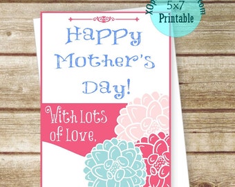 Mother's Day Card - Printable, Floral Mothers Day Card with pink, purple flowers, blue, Happy Mother's Day Card Instant Download, Digital