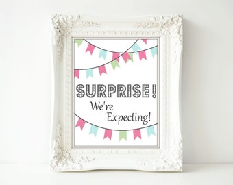 Printable Pregnancy Announcement, Pregnancy Reveal, Photo Prop, Instant Download, We're expecting baby colors blue pink green