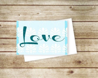 LOVE Printable Card or Wall Art Print - Wedding, Romance, Aqua Blue Glitter & Damask - Instant Download, love, wedding or anniversary card