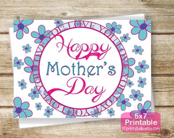 Printable Mother's Day Card - Floral Mothers Day Card, pink, purple, blue, 5x7 Happy Mother's Day Card - Instant Download - DIY Digital