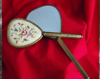 VANITY MIRROR n BRUSH, Vintage Vanity Set w Embroidered Backs, Made by Evans, gold tone metal, Ornate Floral Design,1950s Vintage Vanity Set