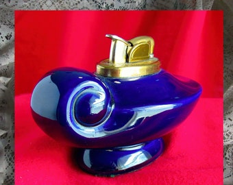 MODERN EVANS LIGHTER, 1950s Vintage Lamp Like Swirl Table Lighter, Blue Bone China Ceramic n Brass Vanity Art Lighter, 1950s Vintage Lighter