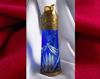 BLUE Cut GLASS LIGHTER, 1940s Evans Blue n Clear Cut Glass Table Lighter, 40s Tall Deco Glass n Brass Art Lighter,  Evans Gold Plate Insert