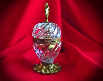 SWIRLED CRYSTAL LIGHTER, Crystal Table Egg Shape Lighter, 1930s Made in France Vintage Clear Glass Lighter, Brass Faux Flame Finial n Trim