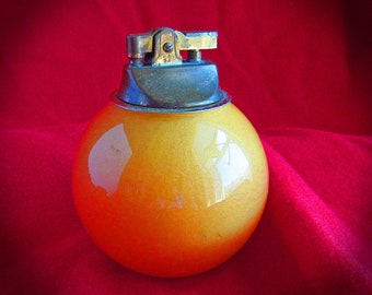 ORANGE LUCITE LIGHTER, 1950s Vintage Sparkly Ball Shape Table Lighter, Solid Light Orange Lucite/Acrylic w Very Fine Glitter, Orange Lighter