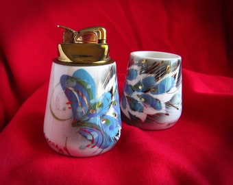 BRASTOFF LIGHTER n MATCH Cup, Vintage Sascha Brastoff 1950s Peacock Set, Hand Painted 24k Gold Accents, Vintage Sascha Brastoff Collectible