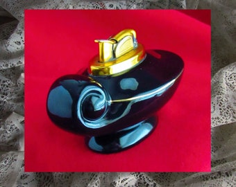 1950s MODERN EVANS LIGHTER, Vintage Lamp Like Swirl Table Lighter, Black Bone China Ceramic n Brass Vanity Art Lighter, 50s Vintage Lighter