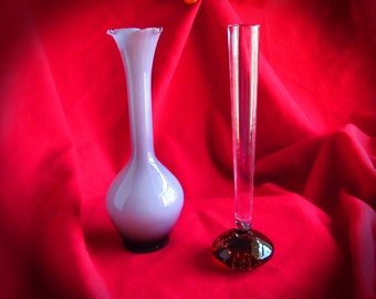 SPRINGS HERE. 2 Hand Blown Bud Vases, Amber Bubble  Murano Glass  Vase and White Lined Purple Glass Vase.  BoHo Chic, McM  Classic Bud Vases
