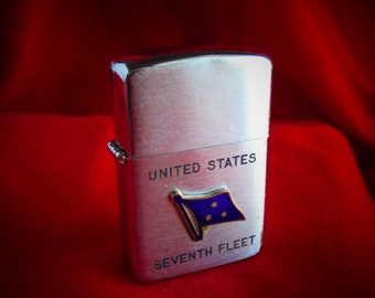 SEVENTH NAVY FLEET Lighter, Blue Flag on One Side, 7 Fleet Flag on Other Side, Zippo Type Penguin Lighter has a Good Click Needs Wick n Fuel