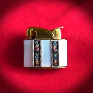 EVANS RARE LIGHTER, Vintage 40s Mother of Pearl w Brocade Trim Panels, Gold Plated Pristine Petite Pocket Lighter, Never Used Pocket Lighter