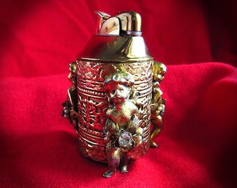 CHERUB BRASS LIGHTER, 3 Cherub Around a Filigree Brass Cylindrical Base, 1940s Faux Victorian Table Lighter, Crystal and Pearl Highlights,