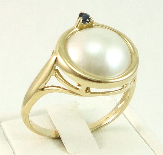 Pearl Gold Ring, Pearl Sapphire Ring, 14kt Gold, M