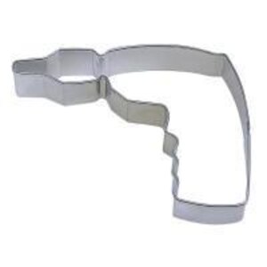 May include: A silver metal cookie cutter shaped like a drill. The cutter is about 4 inches long and 2 inches wide.