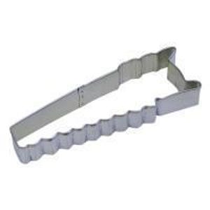May include: A silver-colored metal cookie cutter in the shape of a saw. The cutter has a long, rectangular handle and a blade with a series of small, rounded teeth. The saw cookie cutter is designed for baking.