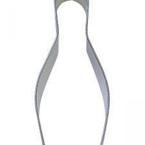 May include: A silver metal cookie cutter shaped like a bowling pin.
