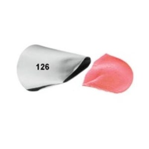 May include: A silver metal piping tip with the number 126 printed on it. A pink petal-shaped icing made with the tip is shown next to it.