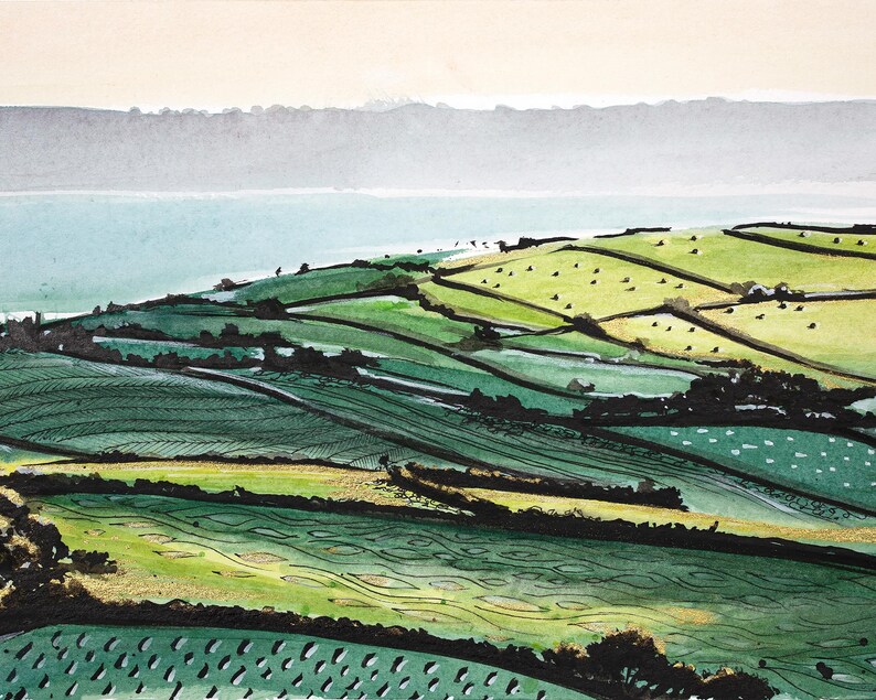 May include: A watercolour painting depicting a landscape with rolling green hills and a body of water in the distance. The hills are divided by fences and dotted with trees. The sky is a light blue with a hint of pink.