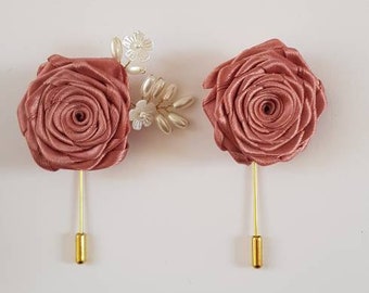 Dusty Pink Rose Lapel Pin: Satin Flower Brooch with Pearl