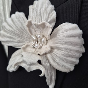 Elegant White Velvet Orchid Brooch with Pearl & Rhinestone Center - Handmade Bridal Flower Pin - Formal Lapel Corsage