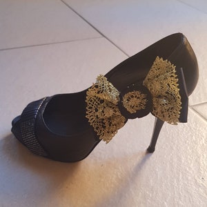 Shoe clips black and gold bows Festive shoes accessory Gift for lady Christmas shoe clips