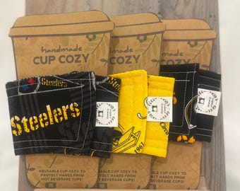 Handmade Cup Cozy Bundle – Gift for Her, Drink Cozies, Eco Friendly Gift for Coffee/Tea Lover, Gift Set Coworker, Steelers, Reusable
