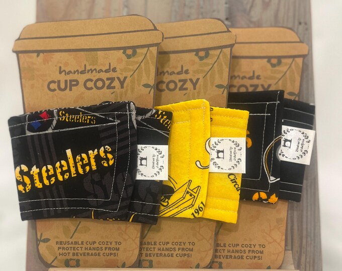 Handmade Cup Cozy Bundle – Gift for Her, Drink Cozies, Eco Friendly Gift for Coffee/Tea Lover, Gift Set Coworker, Steelers, Reusable