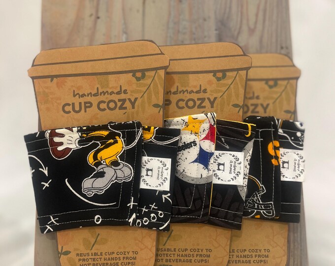 Handmade Cup Cozy Bundle – Gift for Her, Drink Cozies, Eco Friendly Gift for Coffee/Tea Lover, Gift Set Coworker, Steelers, Reusable