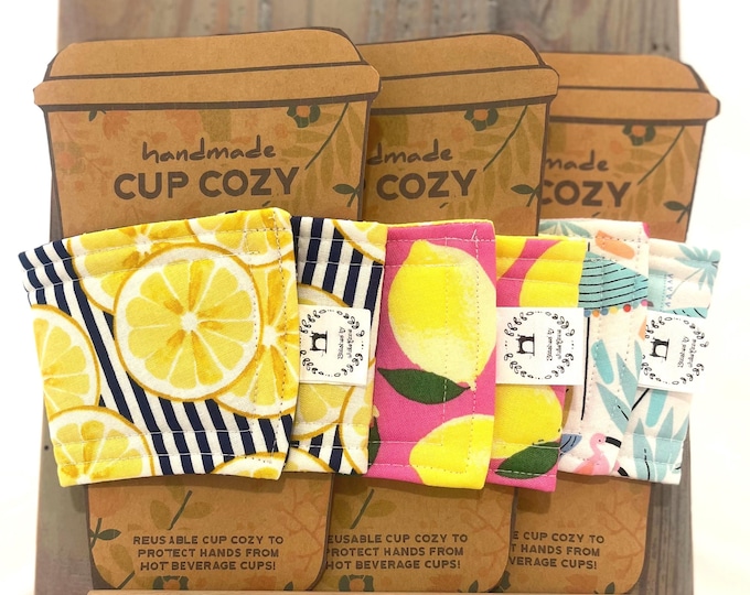 Handmade Cup Cozy Bundle – Gift for Her, Drink Cozies, Eco Friendly Gift for Coffee/Tea Lover, Gift Set Coworker, Lemons, Summer, Reusable