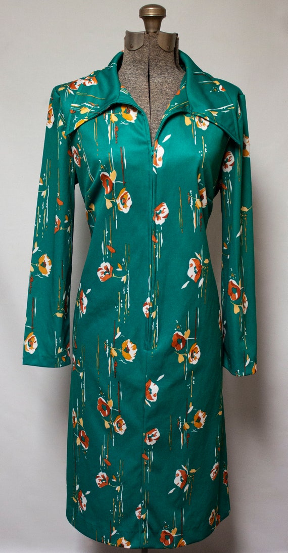 1970s Emerald Green Long Sleeve Boho Shirt Dress - image 6