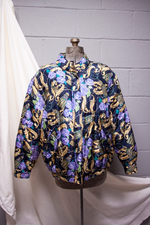 90s Novelty Print Quilted Silk Bomber Jacket