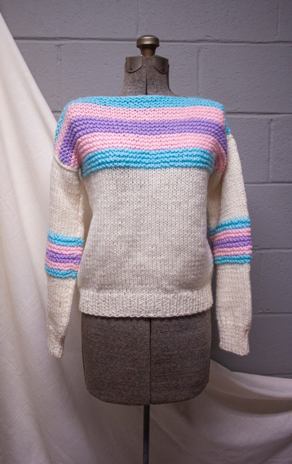 Vintage Chunky Hand Knit Pastel Striped Pullover S