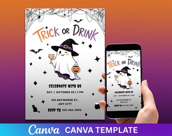 May include: Halloween-themed invitation with the text "Trick or Drink" and a cartoon ghost wearing a witch hat. The invitation includes event details and is displayed on a smartphone.