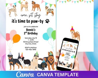 Editable Puppy Pawty Invite | Dog & Kids Birthday Invitation Template | Puppy-Themed Party Digital Download | Canva Template Birthday Invite