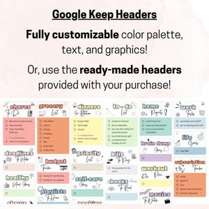 May include: A digital planner template with customizable headers for Google Keep. The headers are organized into categories like chores, grocery list, and to-do list, with options for color, text, and graphics.