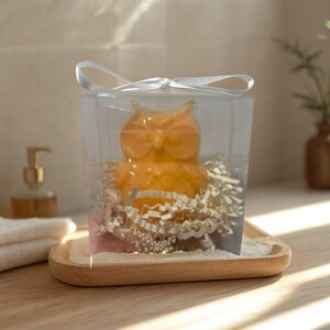 May include: An orange owl-shaped soap bar inside a clear plastic box with a white ribbon. The soap sits on shredded paper and a wooden tray. A soap dispenser and folded white towels are in the background.
