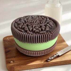 May include: A large, round, Oreo-shaped soap with a green center and purple-brown outer layers, sitting on a wooden cutting board. The top layer is embossed with the Oreo logo. A small bottle of milk and a knife are in the background.