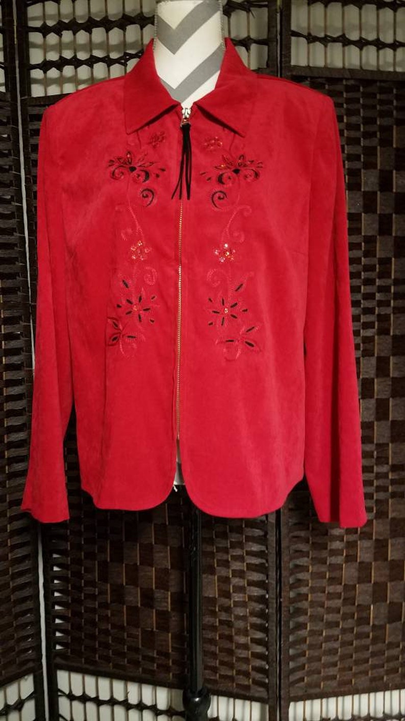 Vintage Dressbarn Ladies Zip Up Jacket Size Large Red Black Artsy Floral Casual