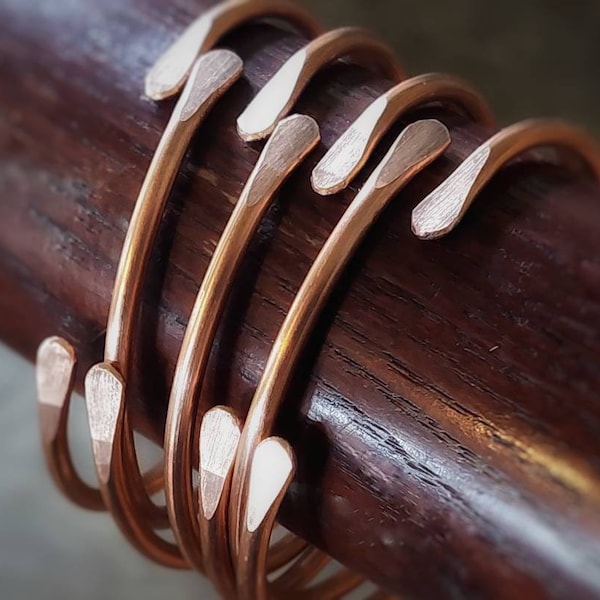 Set of Four. Copper Bangle Bracelet, seventh anniversary. Handmade, hammered ends, wonderful tactile feel, minimalist, adjustable.