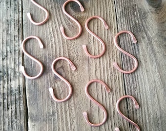 Set of 8, small, 2-inch Copper S hooks, hangers, pot rack hooks, garden hooks, display hooks, kitchen, garden, utility hooks