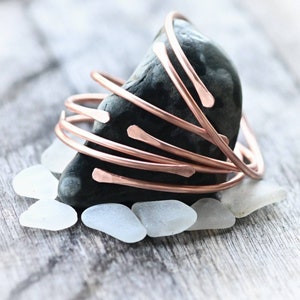 Handmade Copper Bangle Bracelet Set: Hammered Minimalist Adjustable Cuffs