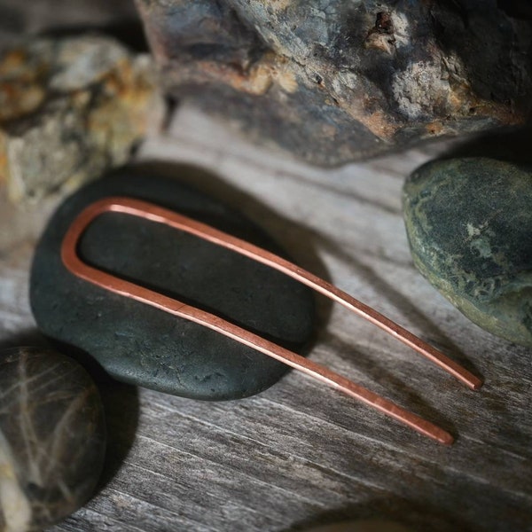 Satin Mini Stone Textured Copper Hair Fork, Bun Pin, Finish Hair Pin, French Pin, U Pin, Hand Hamered, Textured