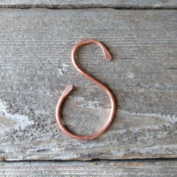 Solid copper S hook with semi-closed end loop. Plant, pot and utility hook. You choose quantity or set size.