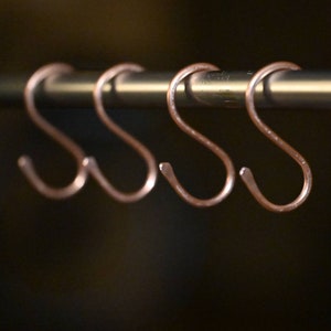 May include: Four copper-colored S-shaped hooks hang from a silver metal bar. The hooks are all the same size and shape.