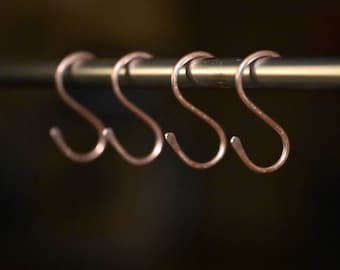 Set of 4, small, 2-inch Copper S hooks, hangers, pot rack hooks, garden hooks, display hooks, kitchen, garden, utility hooks