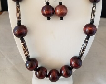 Wood and Bone Bead Necklace and Earring Set