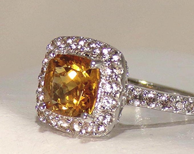 Women's Ring - Yellow Citrine with White Sapphire Halo - 925 Sterling Silver - Vintage