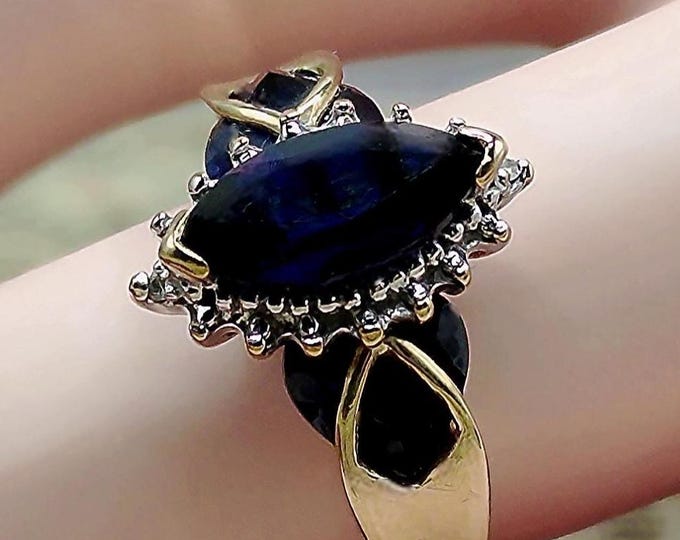 Sapphire Ring - 10K Yellow and White Dark Blue Sapphire Marquise and Heart Accented Ring - 2 Genuine Diamonds - Size 6.25 - Free Sizing