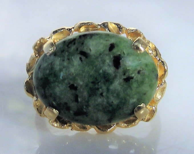 Jadeite Ring, 14K Jadeite Statement Ring, 14K Yellow Gold, Green Mottled Stone, Right Hand Ring, Vintage Ring, Size 6.5, Free Sizing!!