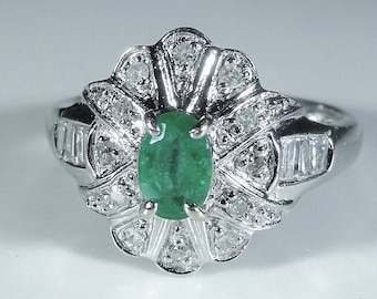 Emerald Ring, 10K White Gold Art Deco Green Emerald and Diamond Ring, Right Hand Ring, May Birthstone, Size 6.25, Vintage Ring, Free Sizing!
