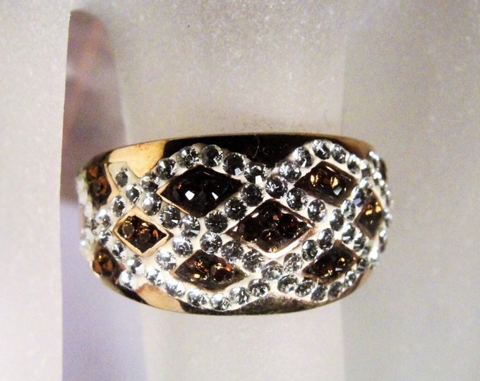 Swarovski Crystal Ring, Rose Gold Vermeil Swarovski Crystal Ring, Clear & Chocolate Crystals, Rose Gold Band, Vintage Ring, S 7, Free Sizing